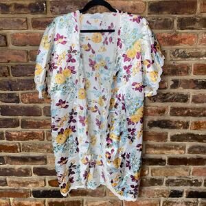 Dreamtime Cream Floral Silky Short Sleeve Lace Trim Short Mini Robe Size Large